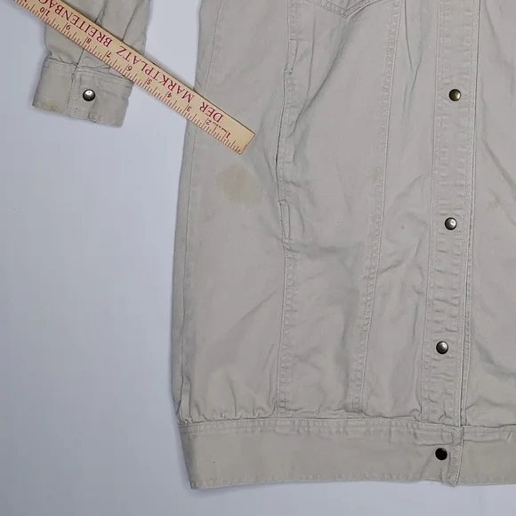 80's Denim Trench Jacket Small Women Krazy Krinkle Beige Snap Button Pocket FLAW